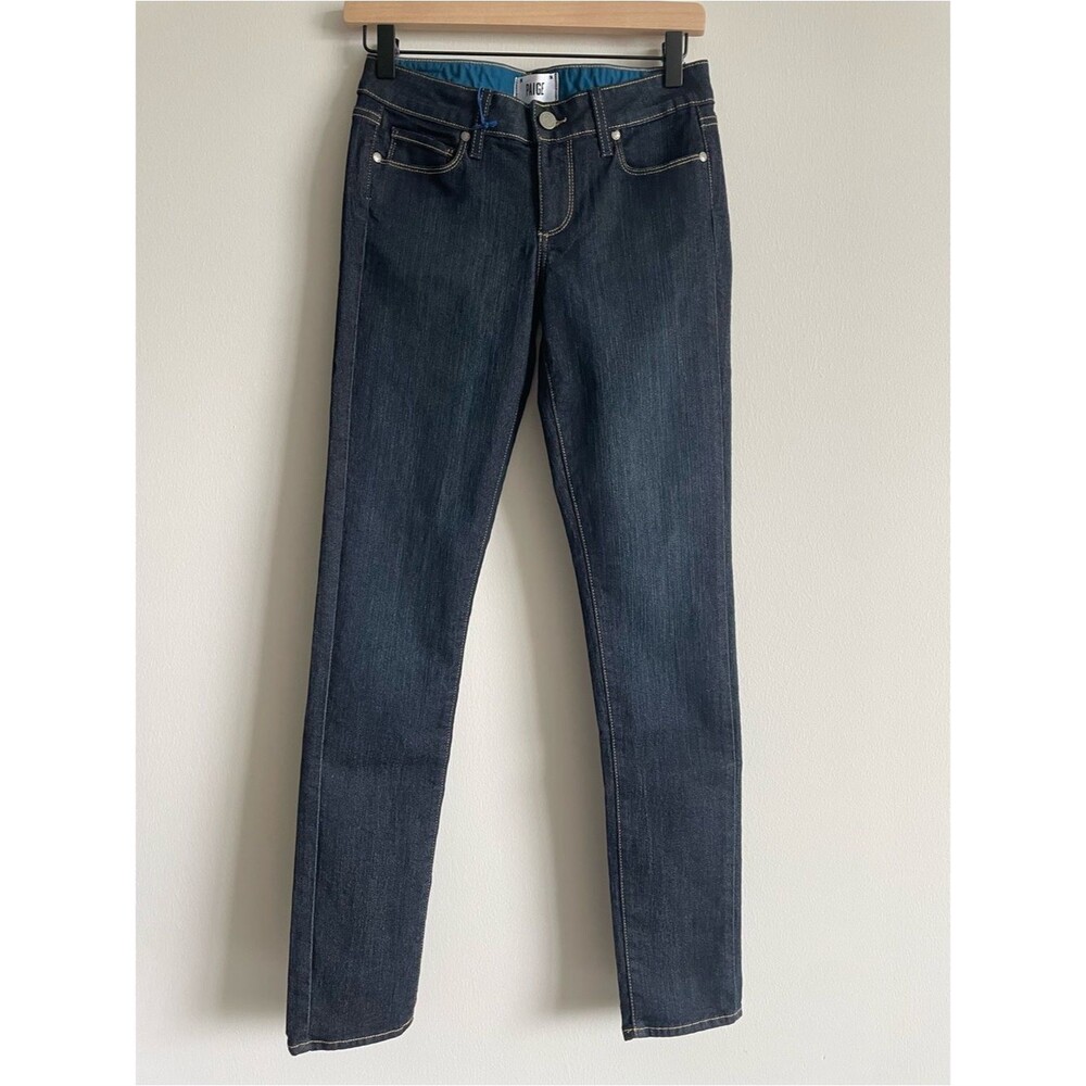Paige skyline skinny jeans dark wash contrast stitching model off duty 26
